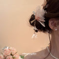 Pink Purple Sheer Flower Hair Clip With Pearl Sprigs And Butterfly Tassel view 3
