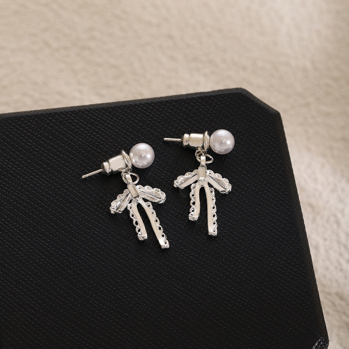 Silver Bow Pearl Look Open Ribbon Dangle Stud Earrings