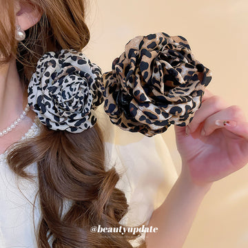 Coffee Brown Leopard Fabric Rose Flower Claw Clip Style