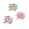 Pink Aqua and Blue Lotus Pearl Look Gold Tone Metal Brooch Pin view 1