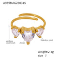 Three Heart Zircon Open Rings Stainless Steel Gold Steel Tone view 7