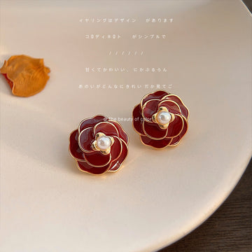 Burgundy Enamel Rose Stud Earrings Pearl Center Gold Rim