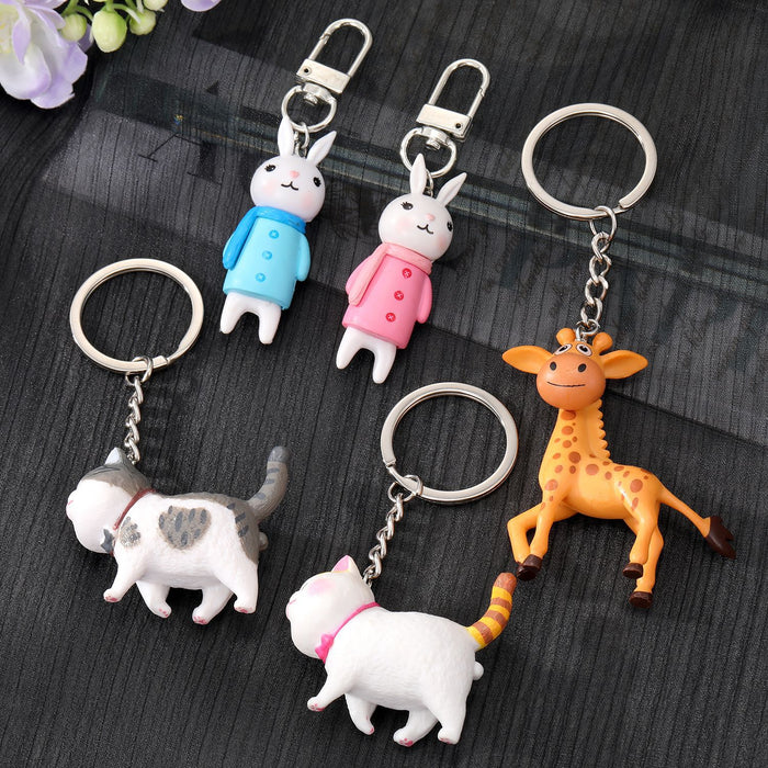 Rabbit Cat and Giraffe Animal Figure Keychains in Five Designs
