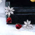 Silver Tone Clear Flower Red Teardrop CZ Drop Earrings view 4