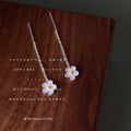 Silver Flower Threader Earrings White Enamel Yellow Center view 3