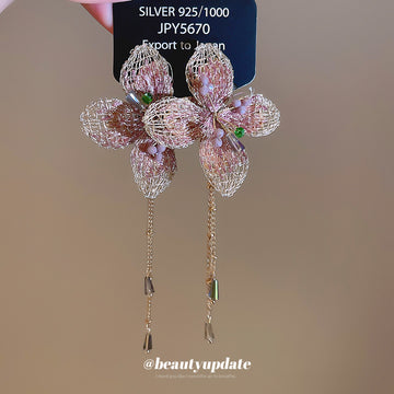 Pink Wire Mesh Flower Chain Drop Earrings Jewelry Accessory