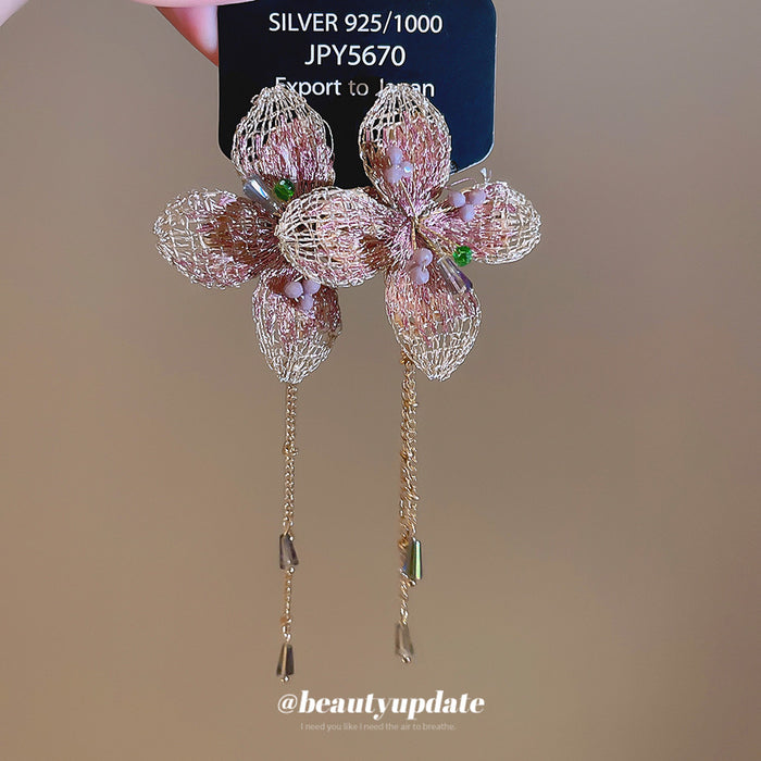 Pink Wire Mesh Flower Chain Drop Earrings Jewelry Accessory