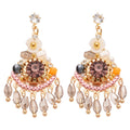 Pink Crystal Fan Drop Earrings with Beaded Fringe Statement Jewelry view 5