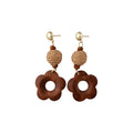 Wood Flower And Round Disc Dangle Earrings Statement Jewelry Pair view 5