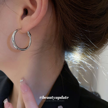 Silver Double Line Open Hoop Earrings Polished Metal Jewelry