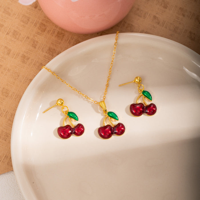 Red Cherry Necklace and Earring Jewelry Set or Earrings