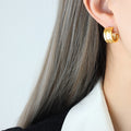 Gold Steel C-Shape Thick Ribbed Stud Hoop Earrings view 7