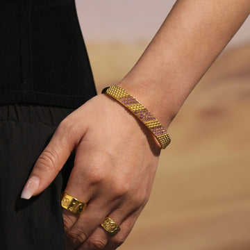 Hinge Bangle Stainless Steel Zircon Pave Stripe Pink Clear