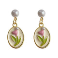 Gold Pearl Drop Earrings Pink Enamel Tulip Oval Disc view 5