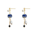Gold-Tone Blue Ceramic Disc Pearl Drop Dangle Earrings view 5