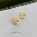 Gold Tone Green Basket Flower And Bow Stud Earrings For Women view 4