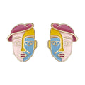 Gold Enamel Abstract Face Stud Earrings Pink Beret Design view 5