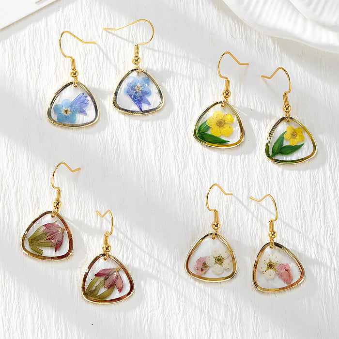 Gold Tone Triangular Pressed Flower Drop Earrings in Four Designs