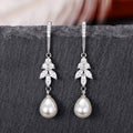 Silver Tone Crystal Leaf Pearl Drop Earrings Polished Metal Jewelry view 3
