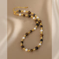 Brown and White Beaded Strand Necklace With Gold Tone Clasp view 4