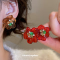 Layered Resin Flower Stud Earrings in Brown and Red view 1