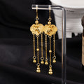 Gold Good Fortune Medallion Long Chain Tassel Earrings view 2