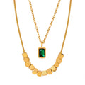 Gold Double Layer Necklace Green Rectangle Pendant Cube Beads view 5