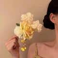 Yellow Fabric Rose Flower Duckbill Hair Clip Pearl Dangles view 3