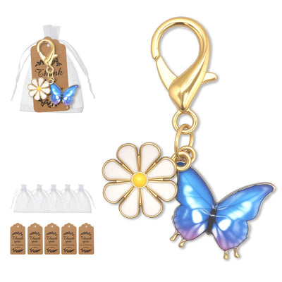 Blue butterfly daisy keychain with organza bags and kraft tags