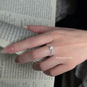 Silver Tone Clear Round Stone Open Adjustable Ring For Women