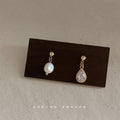 Asymmetric Gold Pearl and Teardrop Zircon Drop Earrings view 1