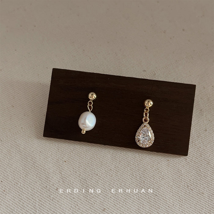 Asymmetric Gold Pearl and Teardrop Zircon Drop Earrings