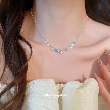 Multicolor Pastel Crystal And Pearl Silver Tone Chain Necklace