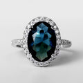 Teal Oval Halo Statement Ring In Polished Silver Tone view 2