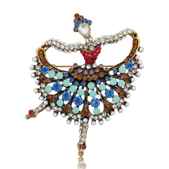 Dancing Woman Brooch With Jeweled Fan Skirt in Mixed Colors