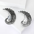Curved Rhinestone Feather Brooch with Large Pearl Accent view 1