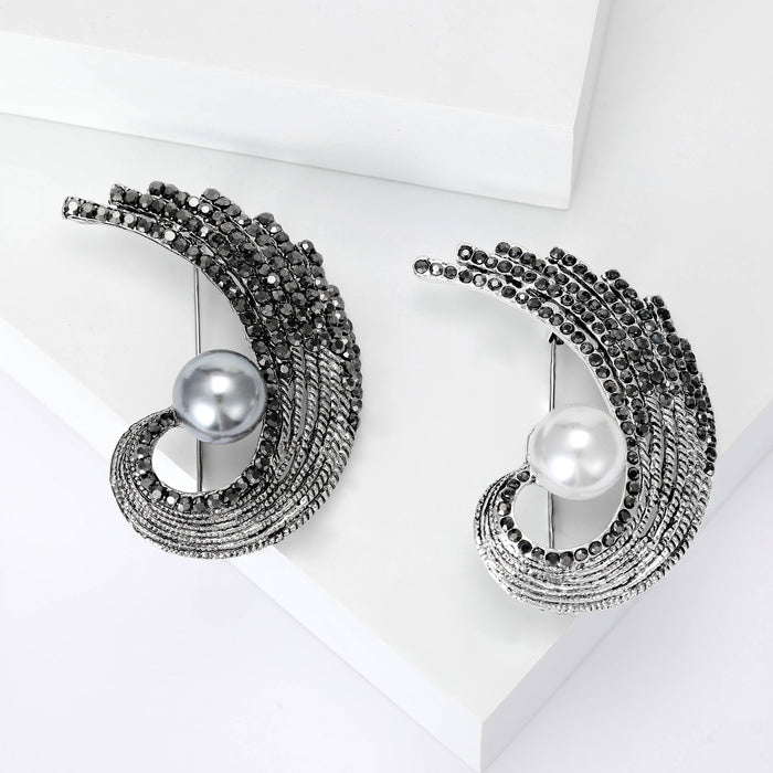 Curved Rhinestone Feather Brooch with Large Pearl Accent