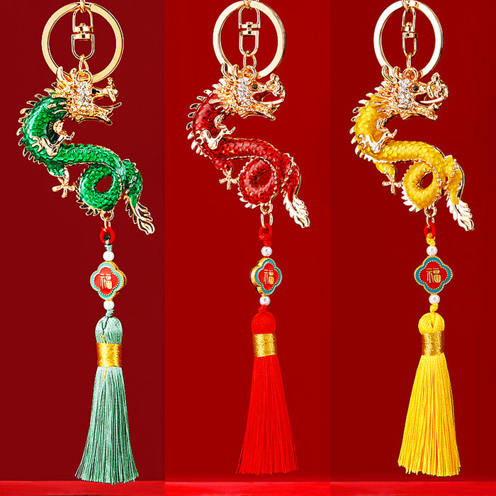 Jeweled Zodiac Dragon Keychains in Fifteen Tassel and Plain Color Options