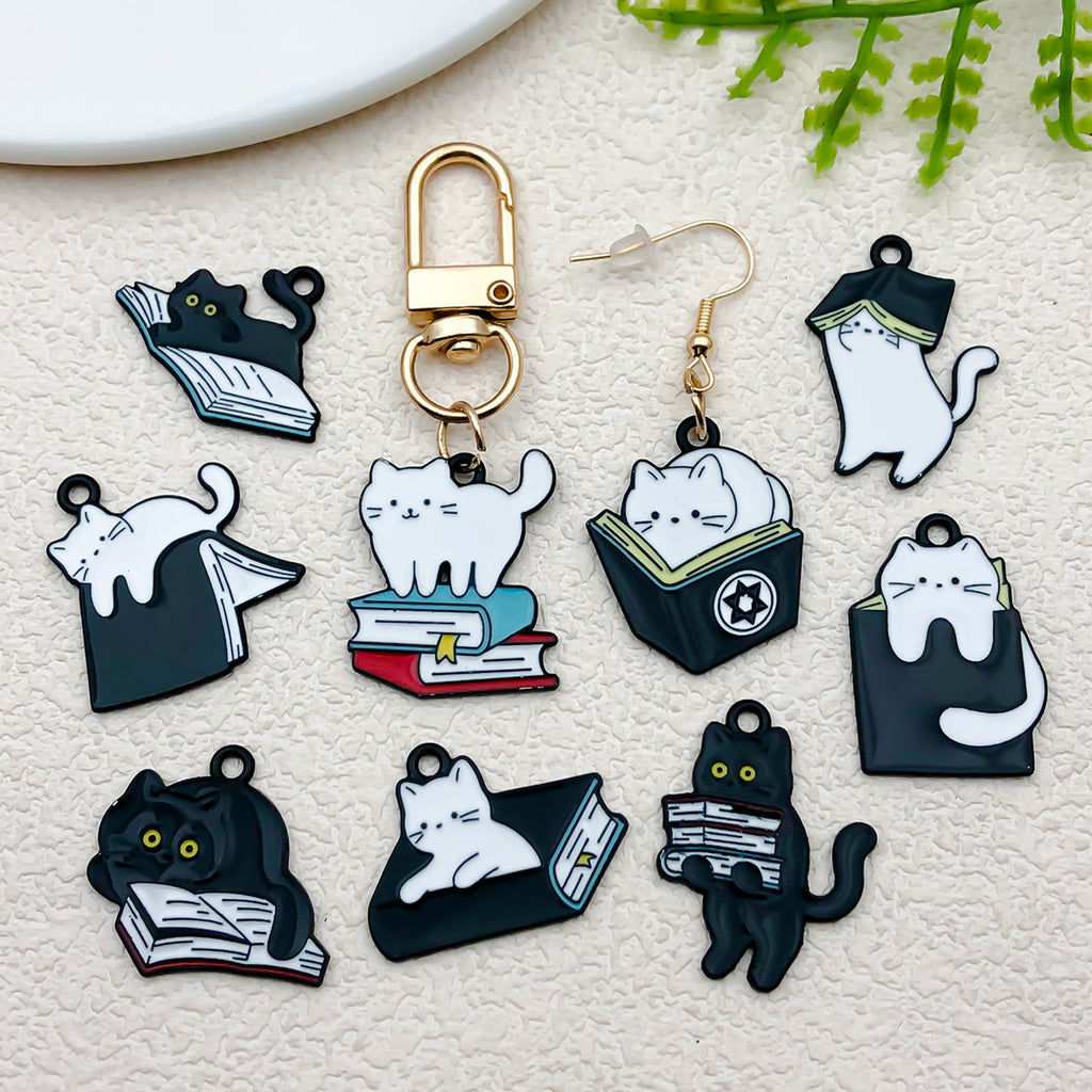 Black White Enamel Zinc Alloy Reading Cat Charm Pendant for DIY Necklace Earring Bracelet