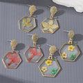 Gold Tone Hexagon Resin Pressed Flower Drop Stud Earrings view 1
