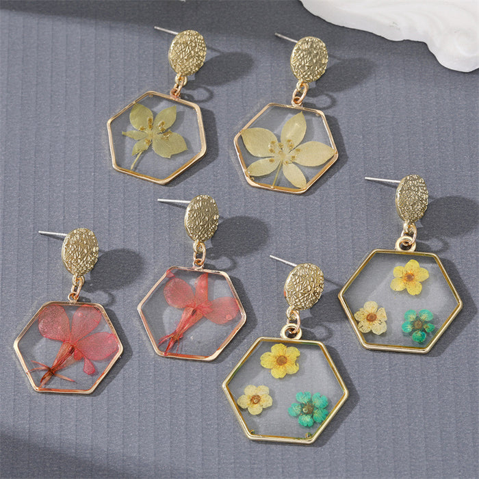 Gold Tone Hexagon Resin Pressed Flower Drop Stud Earrings