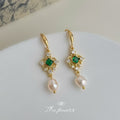 Gold Tone Green Crystal Filigree Drop Earrings Pearl Drops view 3