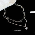 Layered Silver Tone Open Star and Crystal Star Necklace view 2
