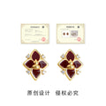 Burgundy Enamel Four Petal Gourd Center CZ Stud Earrings view 3