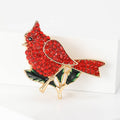Red Rhinestone Cardinal Bird Brooch Green Enamel Leaves view 2