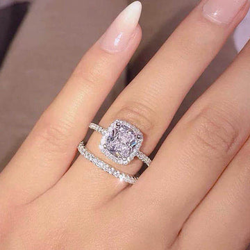 Cushion Halo Two Band Ring Set in Three Metal Tones