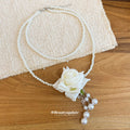 White Beaded Double Strand Necklace with Fabric Rose and Pearl Drops view 2