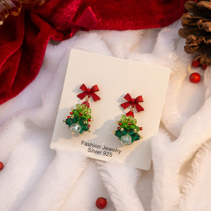 Red Bow Green Bead Christmas Tree Small Stud Earrings