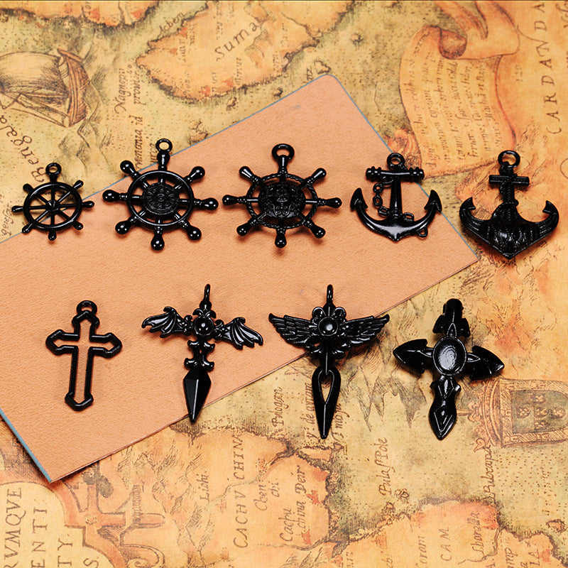 Black Alloy Anchor Ship Wheel Cross Charm Pendant