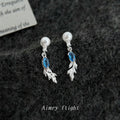 Silver Tone White Pearl Blue Stone Leaf Branch Drop Stud Earrings view 4